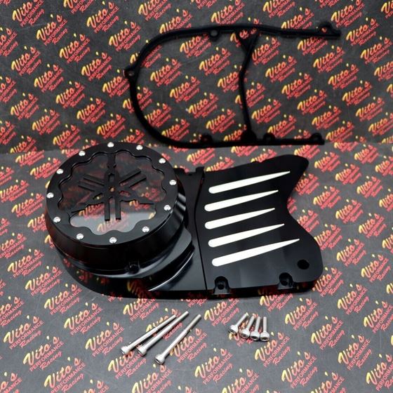 Billet aluminum stator sprocket cover Yamaha Banshee + clear window Black + LOGO4